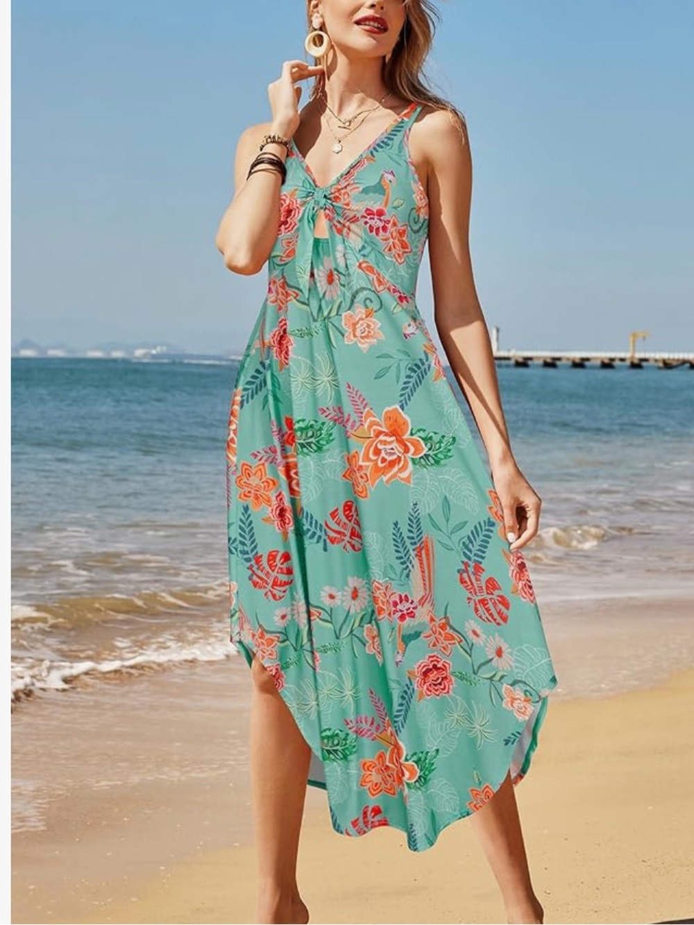 Chic Nation Teal Floral V-Neck Beach Dress